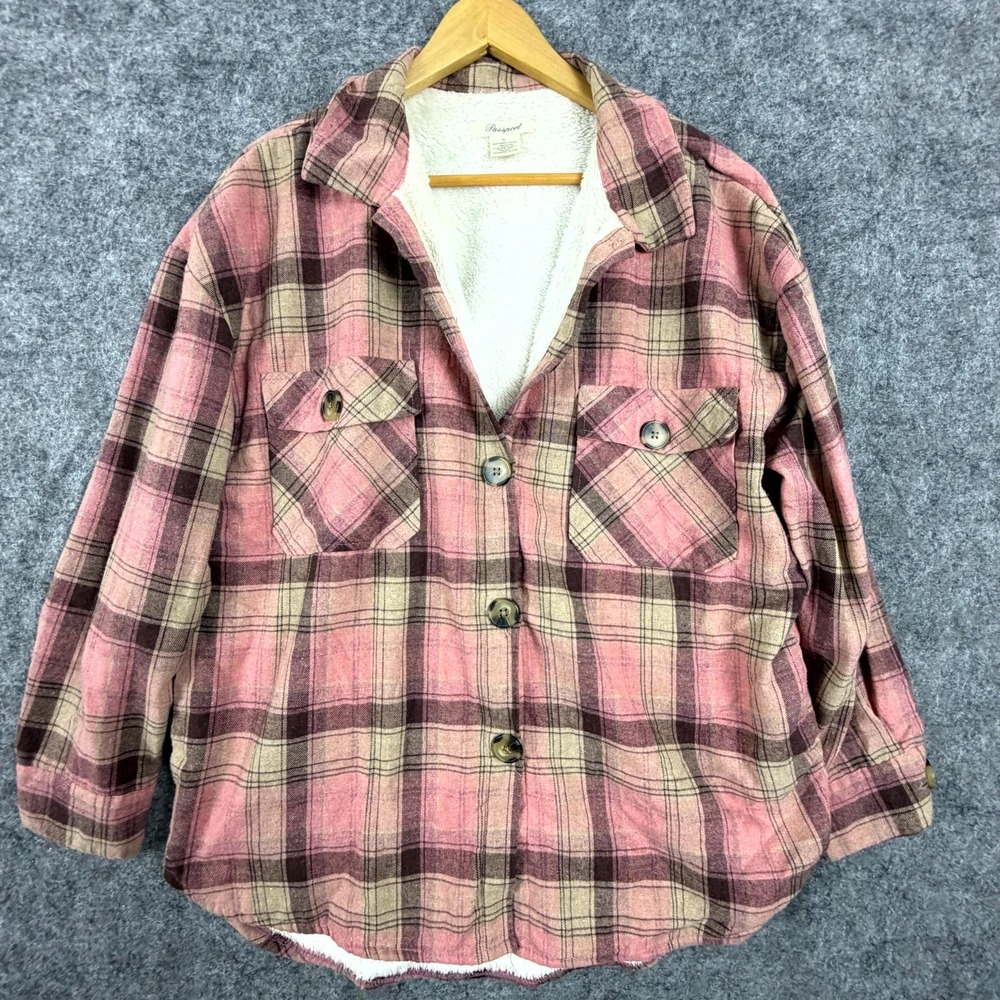 Passport Flannel Shirt Jacket Women XL Pink Plaid 90s Sherpa Lined Shacket Chore